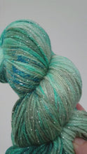 Load and play video in Gallery viewer, Hand dyed 4ply Lac Carré green sparkles sock yarn
