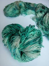 Load image into Gallery viewer, Hand dyed 4ply Lac Carré green sparkles sock yarn One Creative Cat
