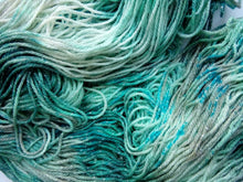 Load image into Gallery viewer, Hand dyed 4ply Lac Carré green sparkles sock yarn One Creative Cat
