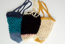 Load image into Gallery viewer, Filet market bag. Hand crocheted cotton shopper. Colour block food carrier bag for fruit and veg One Creative Cat
