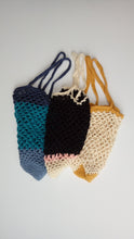 Load image into Gallery viewer, Filet market bag. Hand crocheted cotton shopper. Colour block food carrier bag for fruit and veg One Creative Cat
