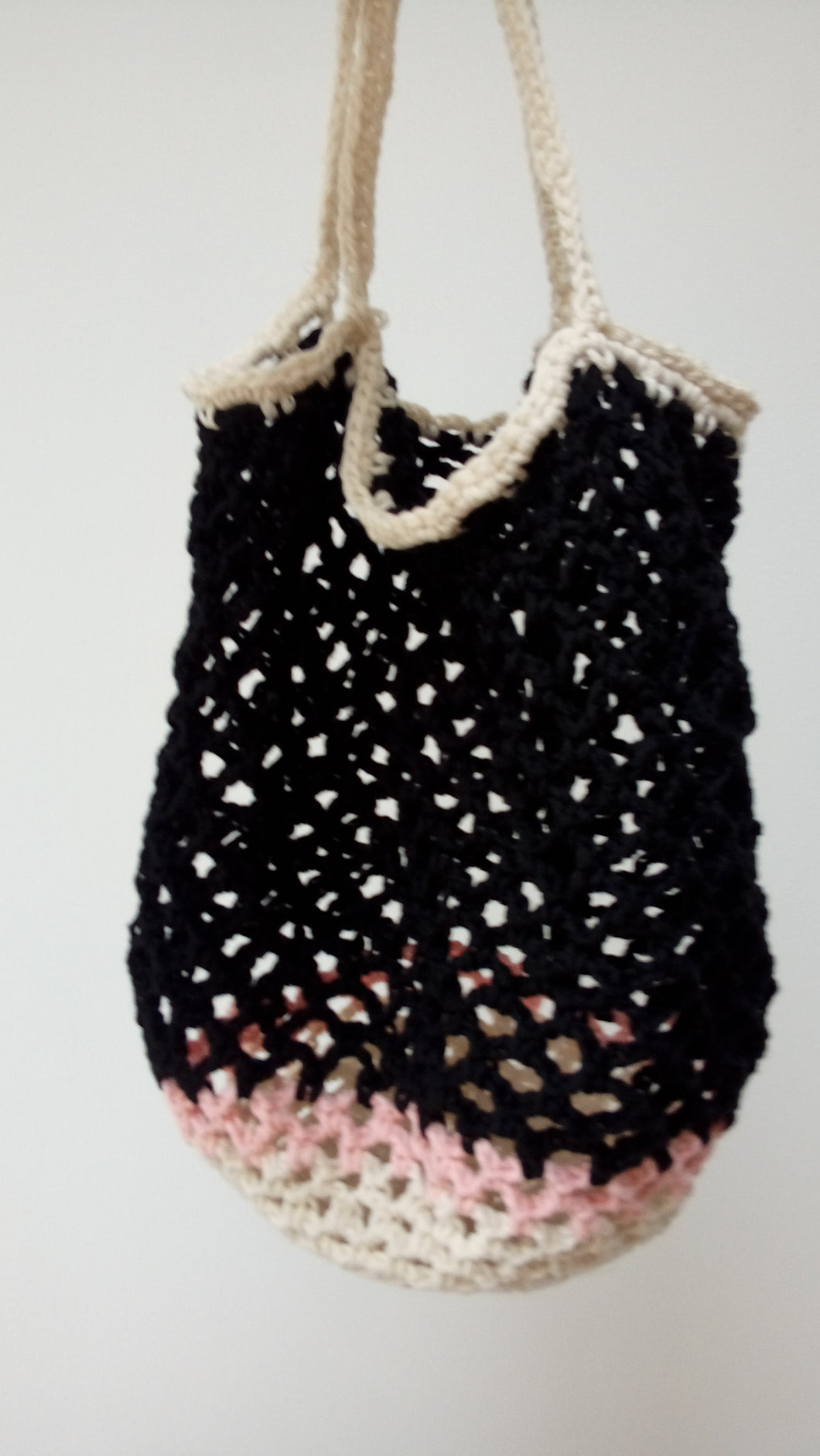 Filet market bag. Hand crocheted cotton shopper. Colour block food carrier bag for fruit and veg One Creative Cat