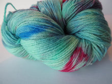 Load image into Gallery viewer, Hand dyed 4 ply Monte Rosa jade, scarlet and blue fingering sock yarn One Creative Cat
