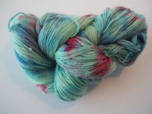 Load image into Gallery viewer, Hand dyed 4 ply Monte Rosa jade, scarlet and blue fingering sock yarn One Creative Cat
