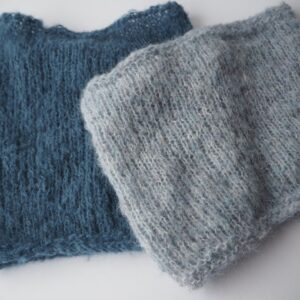 blue and light blue hand knitted cowls