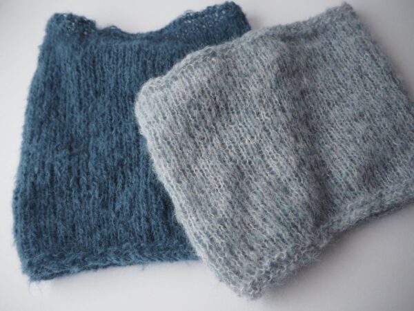 blue and light blue hand knitted cowls