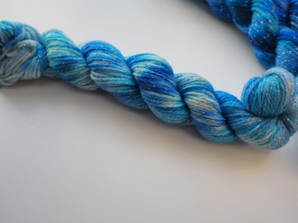 hand dyed mini skein in merino lurex, light blue