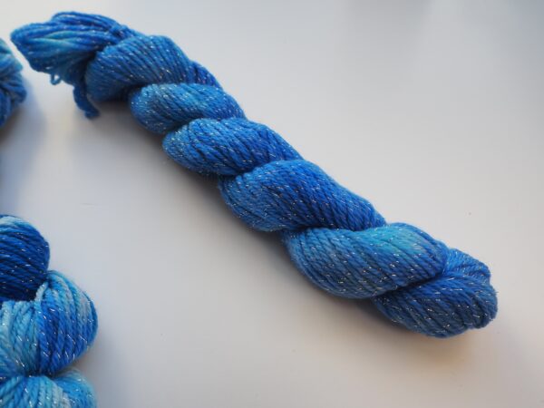 hand dyed mini skein in merino lurex, in bright blue