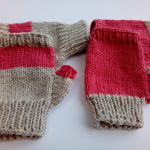 hand knitted fingerless gloves in natural and coral alpaca wool