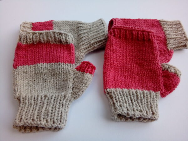 hand knitted fingerless gloves in natural and coral alpaca wool