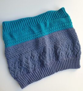 textured cowls, handknitted in two shades of blue