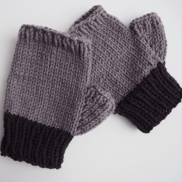 purple hand knitted fingerless gloves